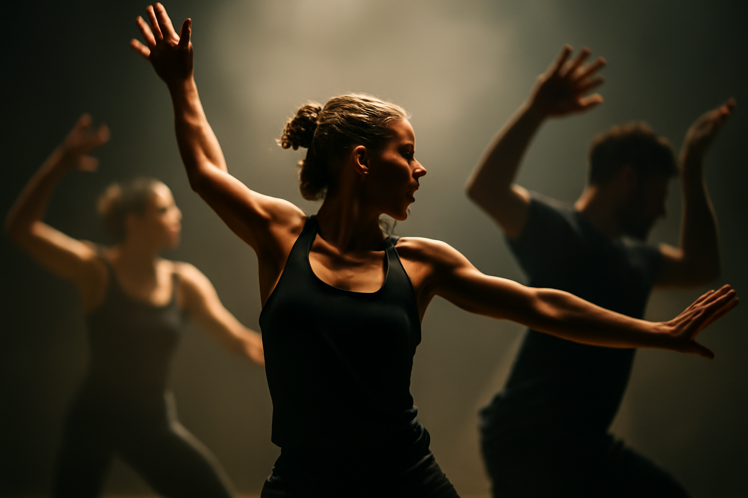 Dancers showcasing expressive arm and upper body movements during a dynamic performance, highlighting their individuality and energy.