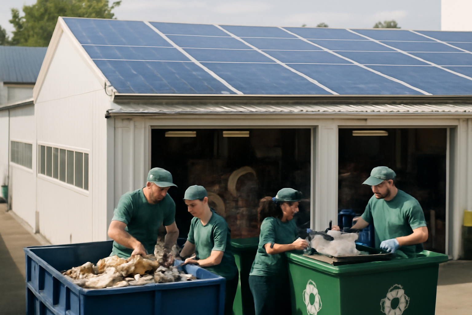 Eco-Friendly Factory with Solar Energy and Recycling Practices Environmentally friendly factory with solar panels and employees recycling materials