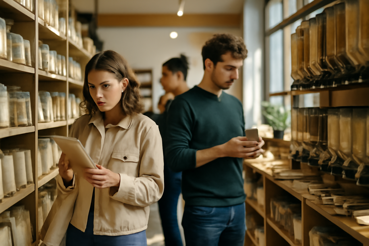 Eco-Friendly Products in Grocery Store Aisle A grocery store aisle featuring eco-friendly products with shoppers choosing sustainable packaging.