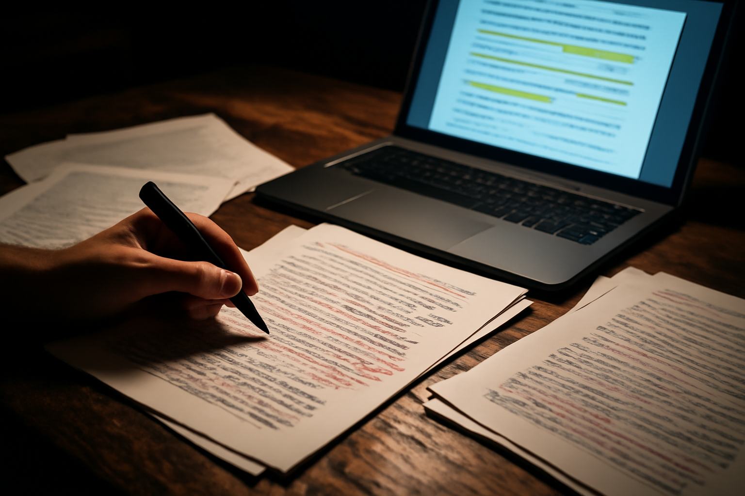 Editors Workspace with Drafts and Feedback Editor’s workspace featuring red edited drafts, a pen, and a laptop displaying feedback, ideal for content fine-tuning.