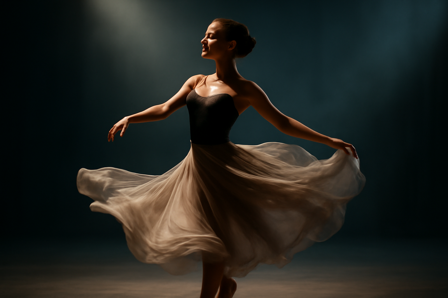 Elegant dancer executing a graceful turn on stage with flowing fabric under soft spotlight