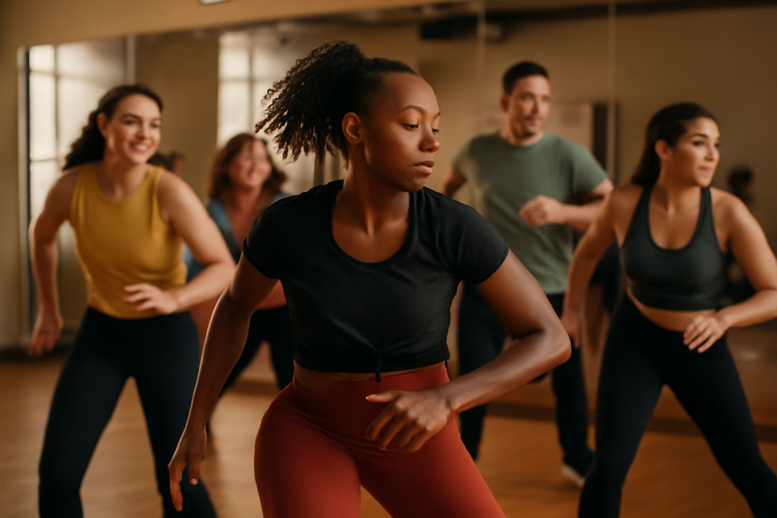 Participants in a dance class synchronously practicing foundational techniques, fostering a supportive environment.