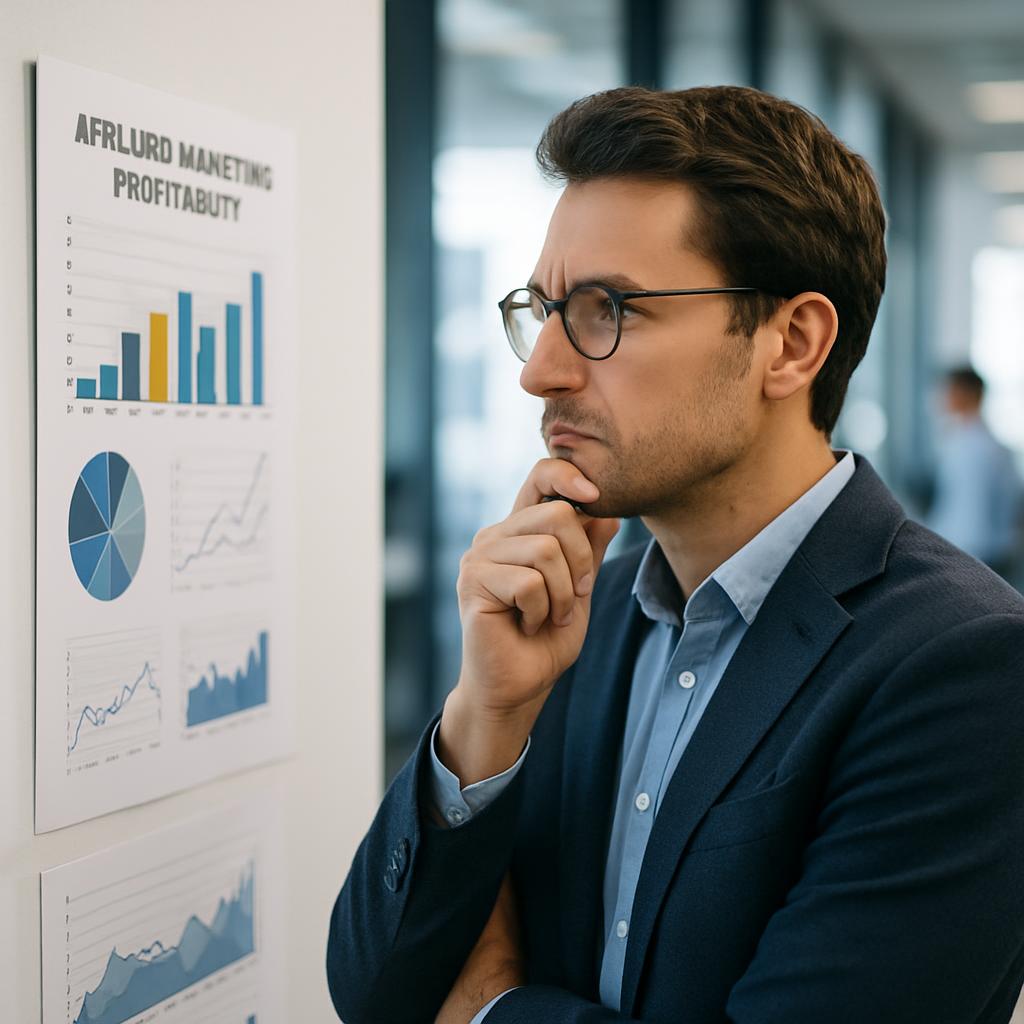 Entrepreneur assessing business options in a modern office, surrounded by charts and graphs, focusing on affiliate marketing profitability.