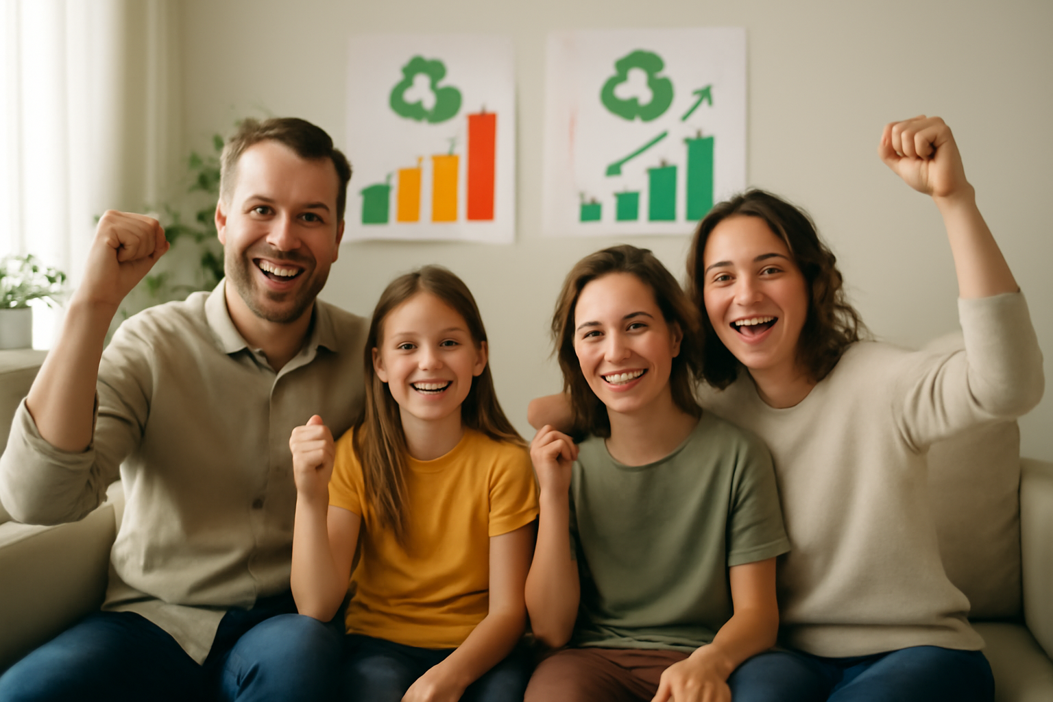 A happy family celebrating their recycling efforts in a clean living area, with colorful charts displaying their progress.