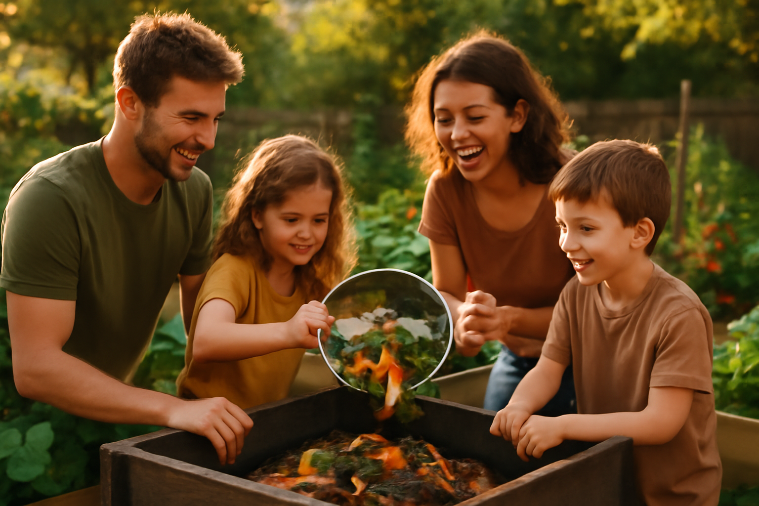 Family composting food scraps and planting an organic garden in their backyard, promoting sustainability and eco-friendly practices.