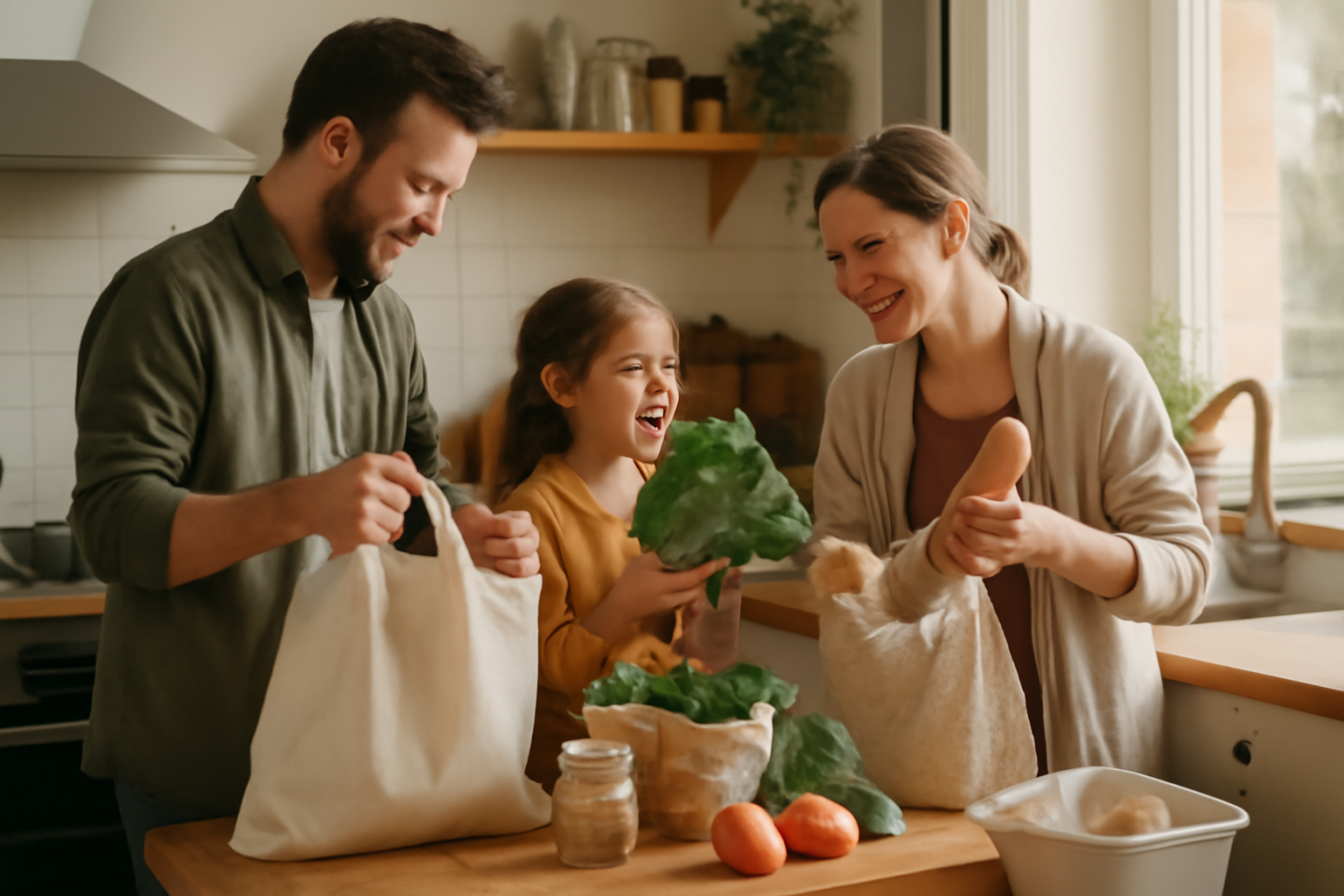 A family unpacking groceries in a modern kitchen, highlighting reusable bags and minimal packaging waste around the trash can for an eco-friendly lifestyle.