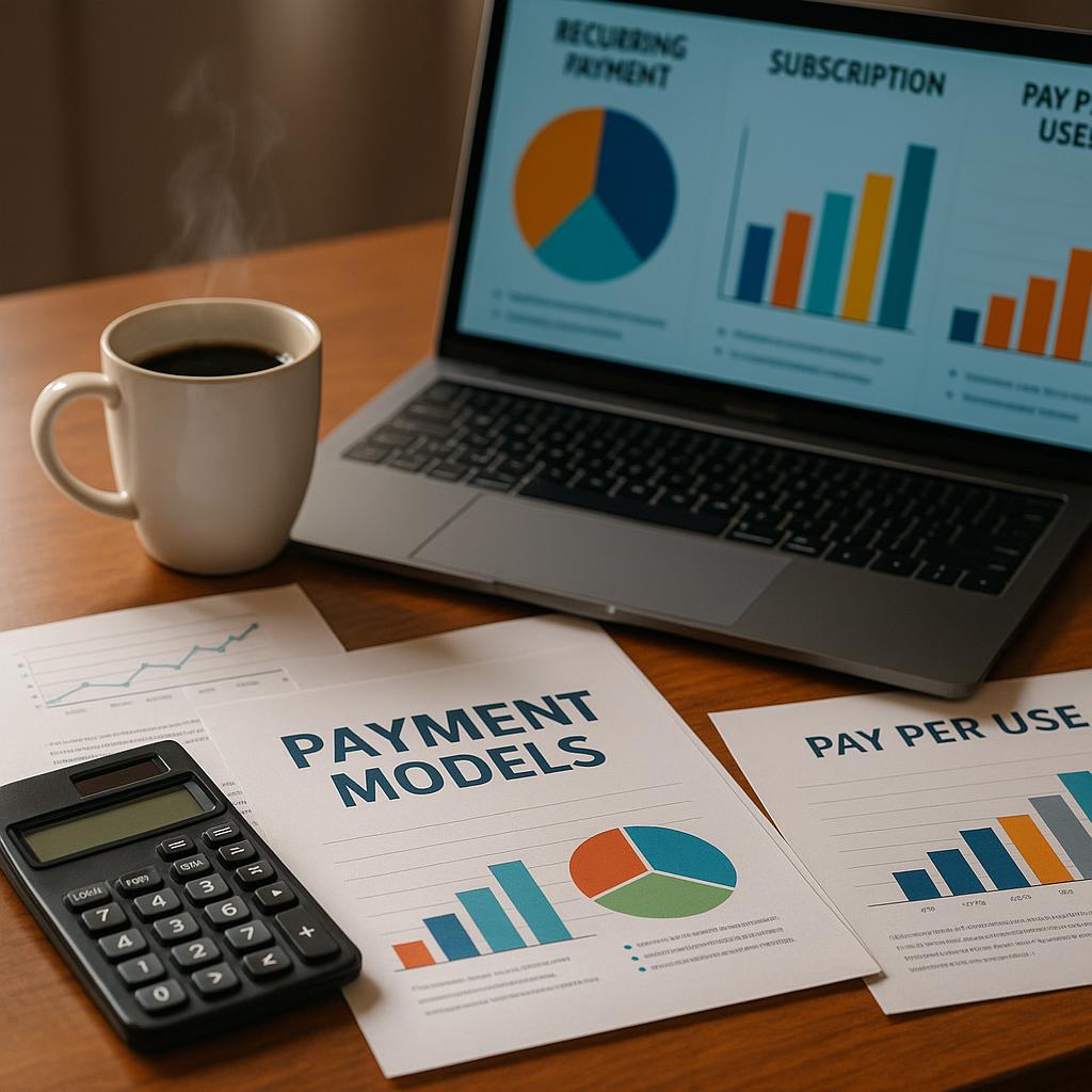 Close-up of diverse financial documents and laptop screens showcasing multiple payment models, alongside a calculator and coffee cup.