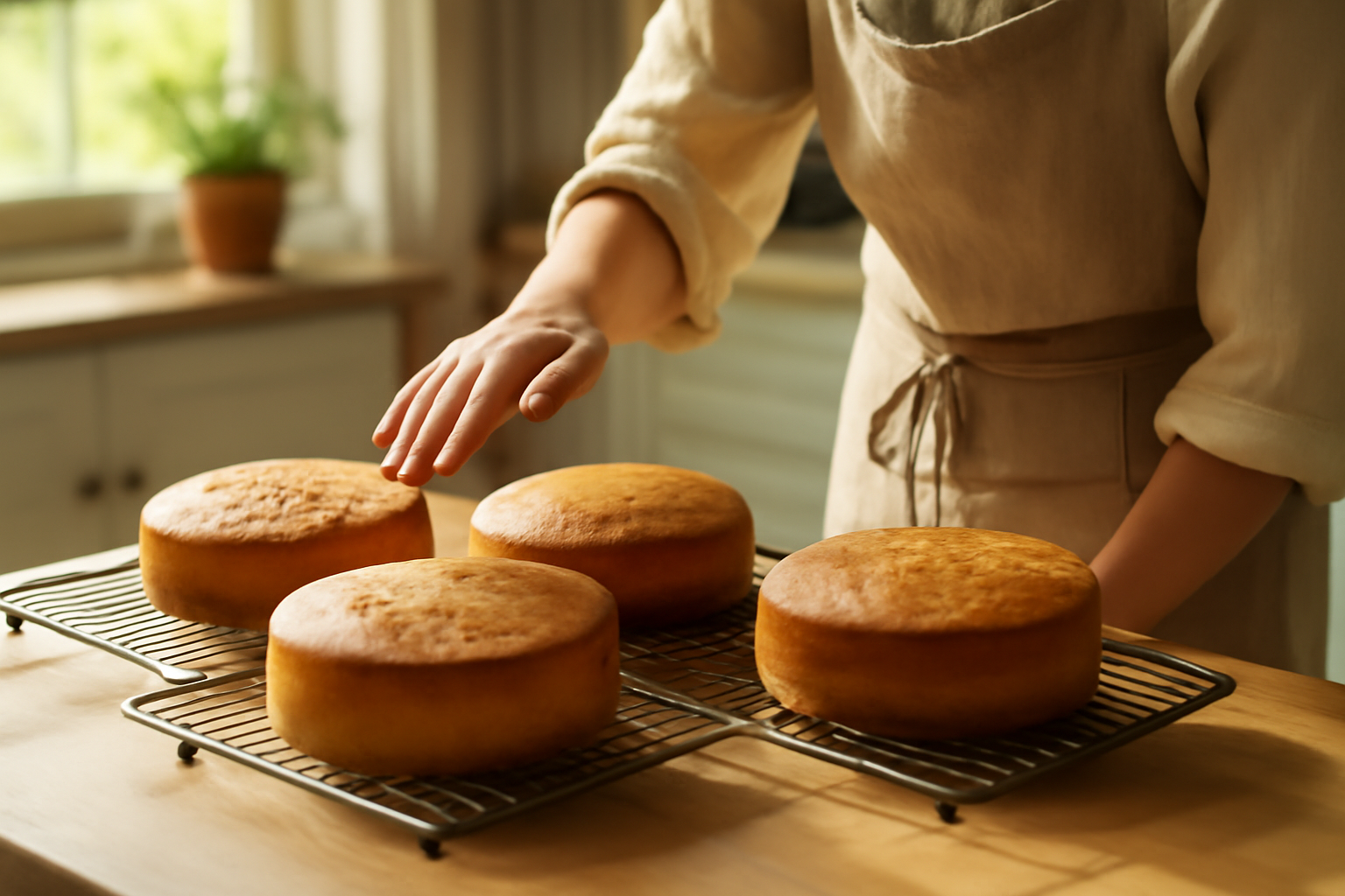 Freshly baked cakes cooling on wire racks in a bright kitchen with natural sunlight, while the baker checks the temperature.