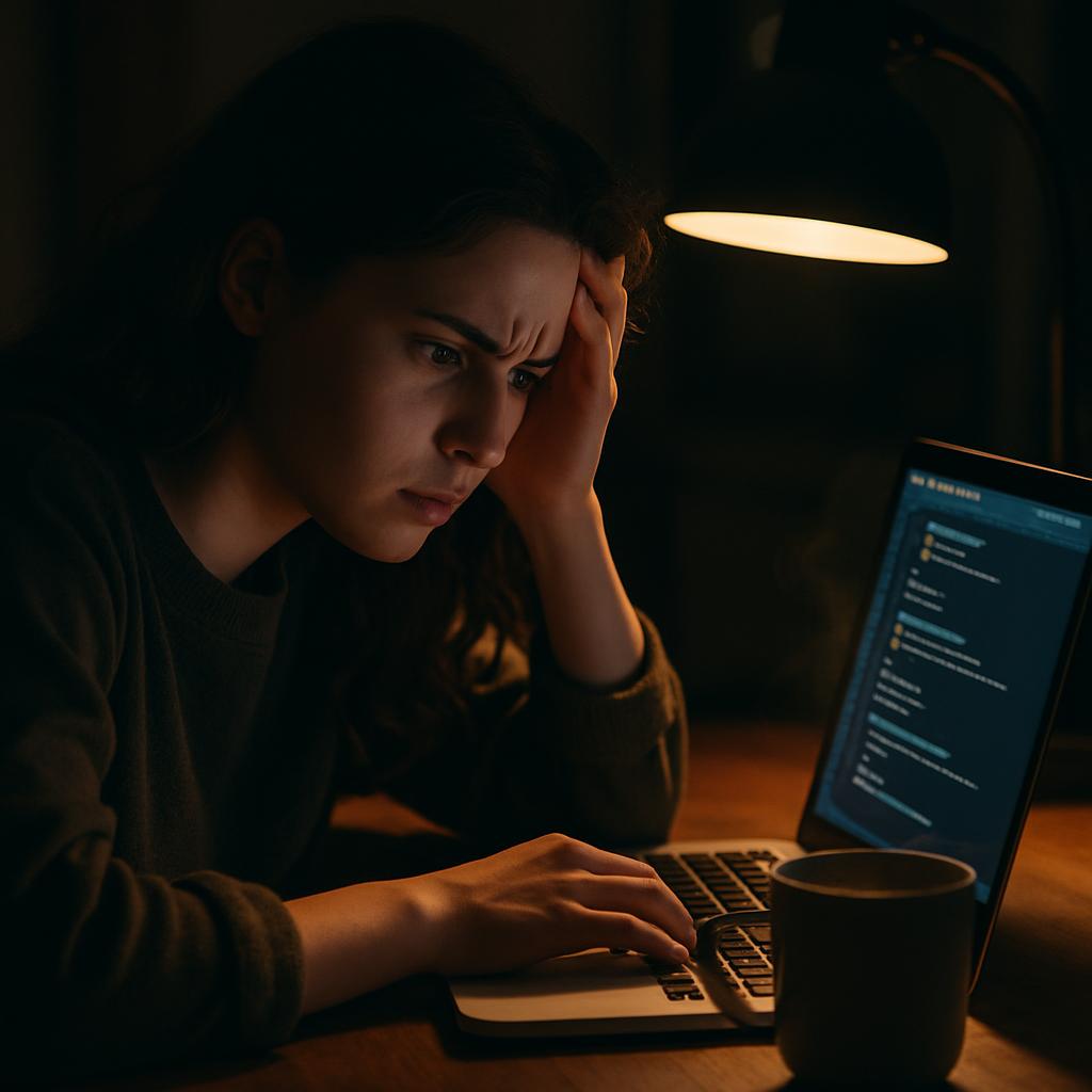 Young woman frustrated at her laptop with code on the screen and a cup of coffee beside her.