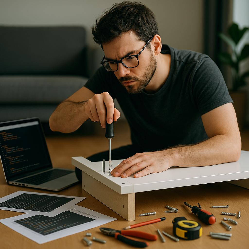 Person assembling furniture with programming project guide and tools in a modern workspace