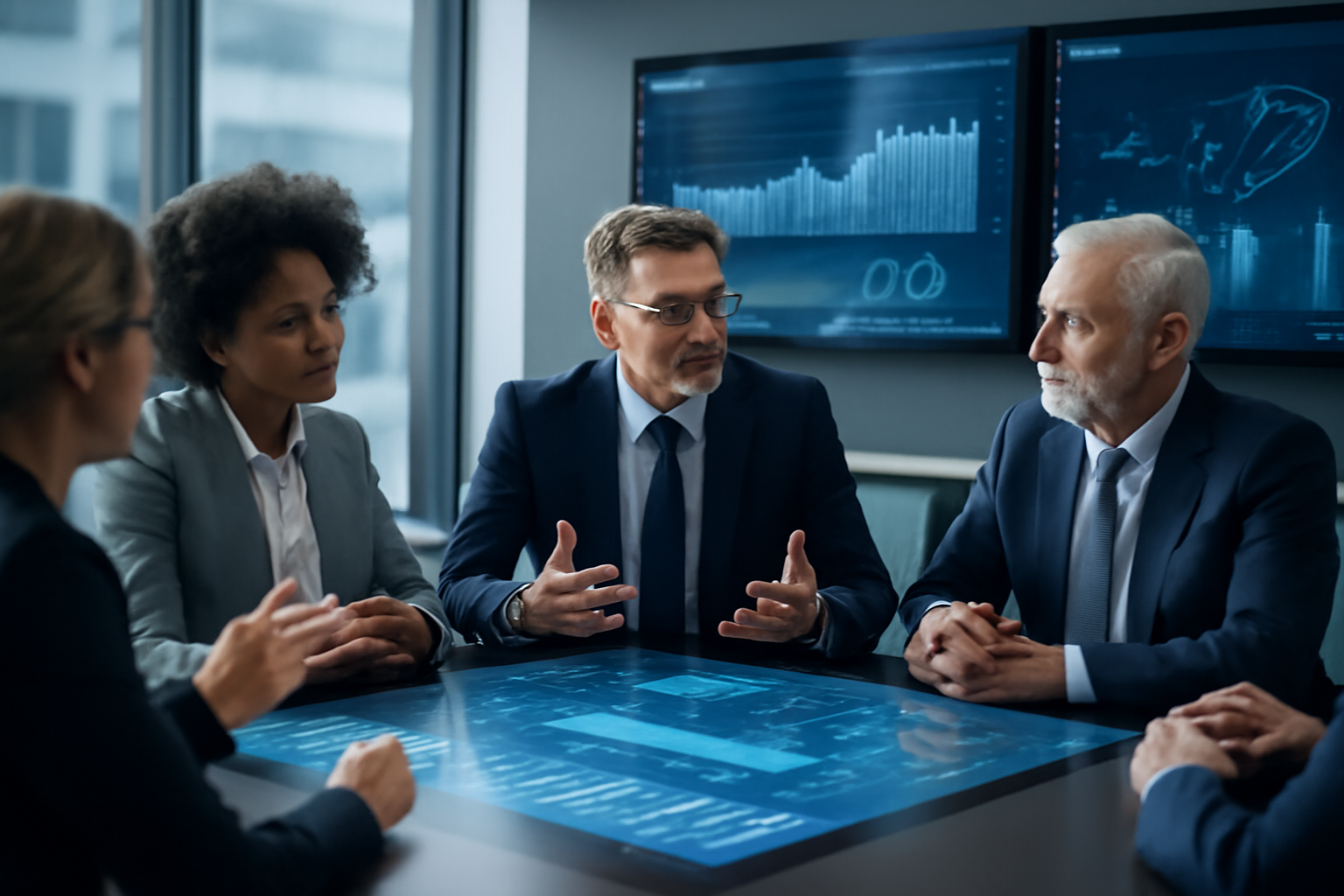 Futuristic office space featuring a digital conference table used for discussions on trends and technologies.