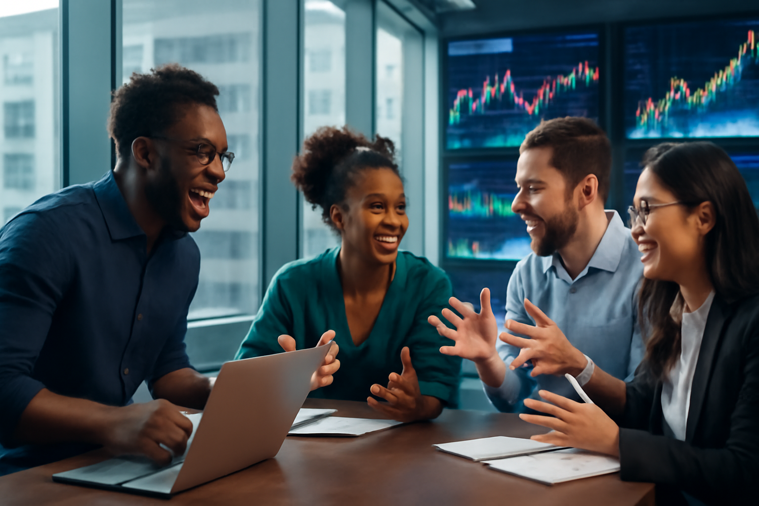 Diverse Team Collaboration in a Futuristic Office Futuristic office space with a diverse team discussing strategic plans and market trends.