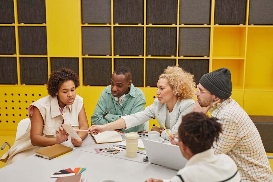 A diverse group of people brainstorming in a futuristic workspace with holographic SEO displays.