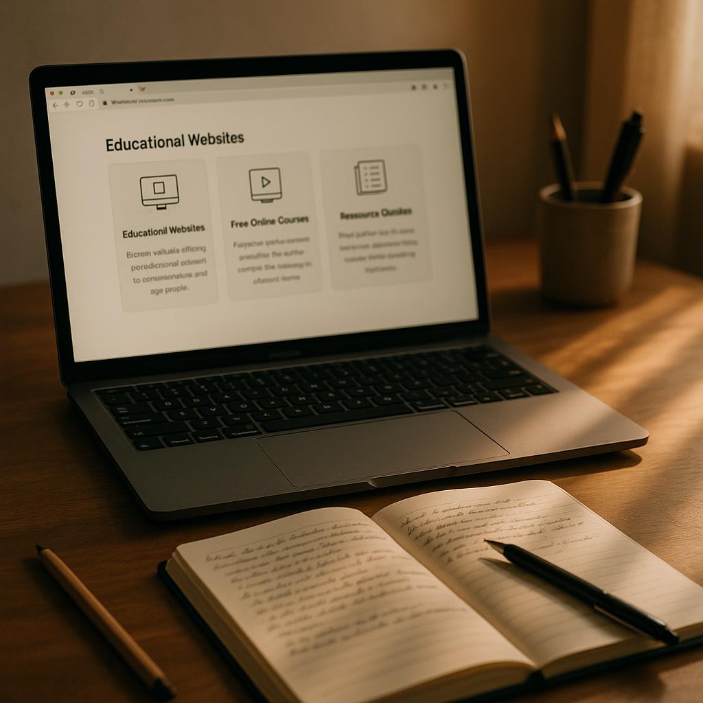 A desk illuminated by warm lighting featuring a glowing laptop with educational websites and a notebook filled with ideas.