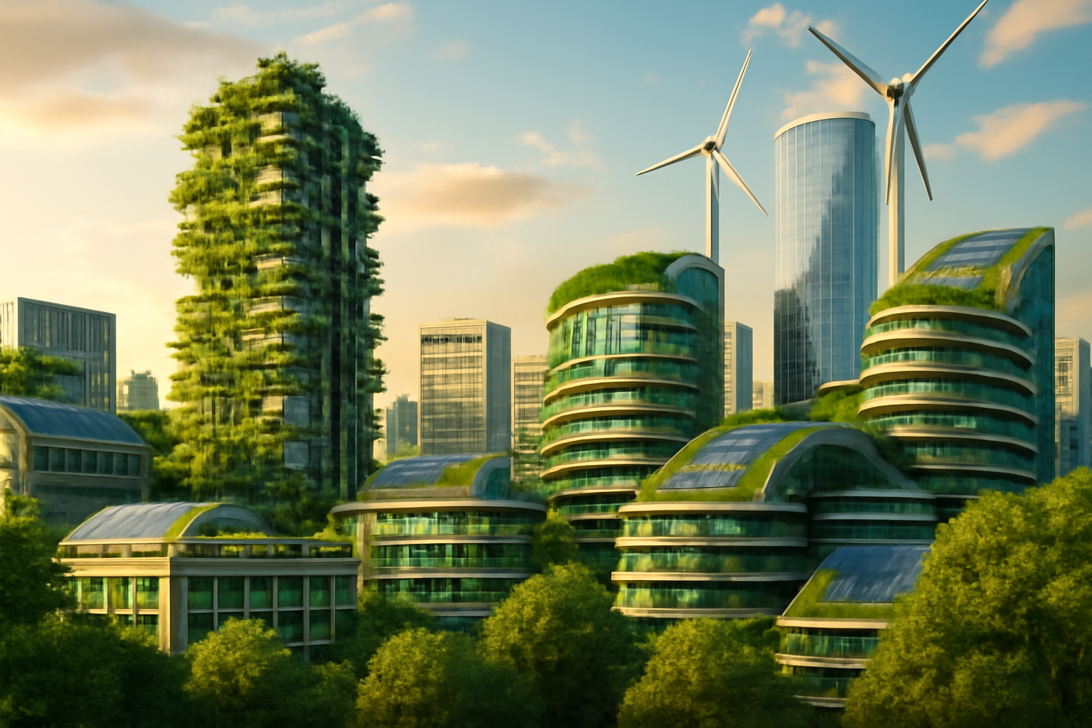 Panoramic view of a green city skyline featuring wind turbines and solar panels, showcasing innovative sustainable architecture.