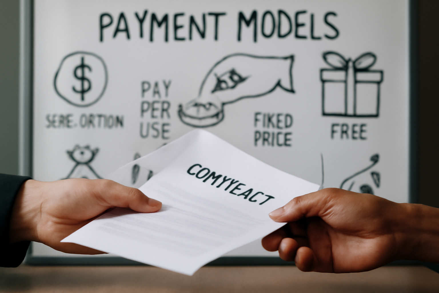 Close-up of hands exchanging contracts with diverse payment models illustrated on a whiteboard in the background.