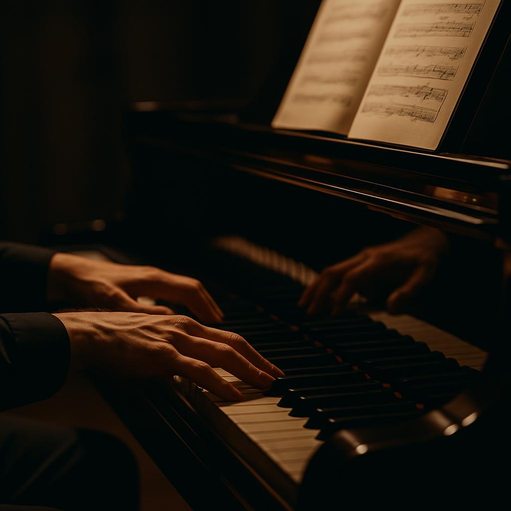 Hands Playing Grand Piano Close-up of hands playing a grand piano with soft lighting and sheet music visible.