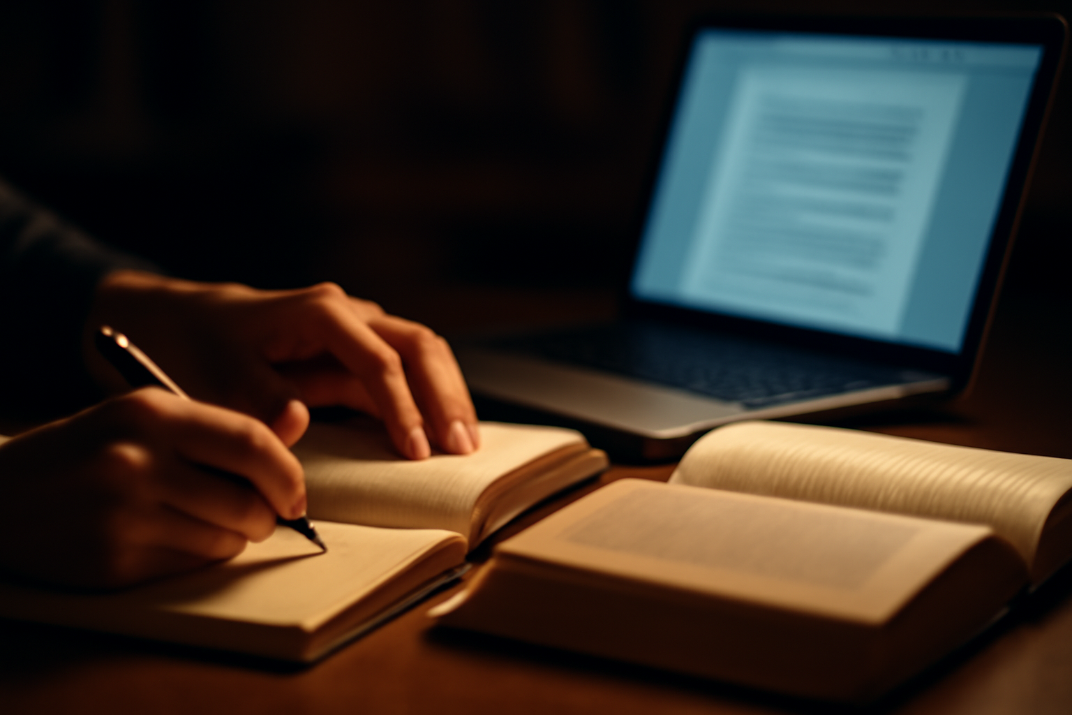 Hands Engaged in Research Close-up of hands flipping through books while taking notes, with a laptop showing credible sources in the background, highlighting the concept of careful research.