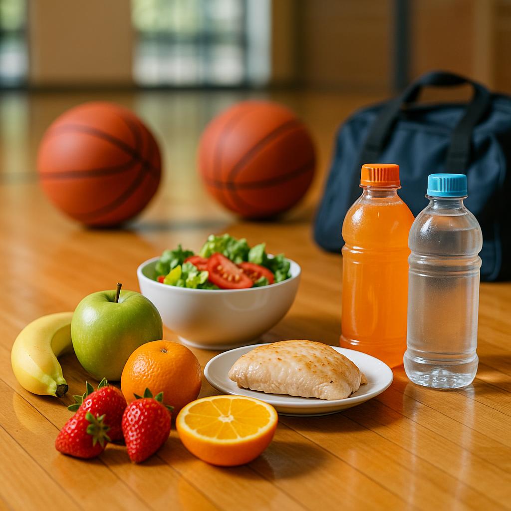 A vibrant healthy meal spread with colorful fruits, lean proteins, and hydration drinks, surrounded by basketball equipment in a gym.