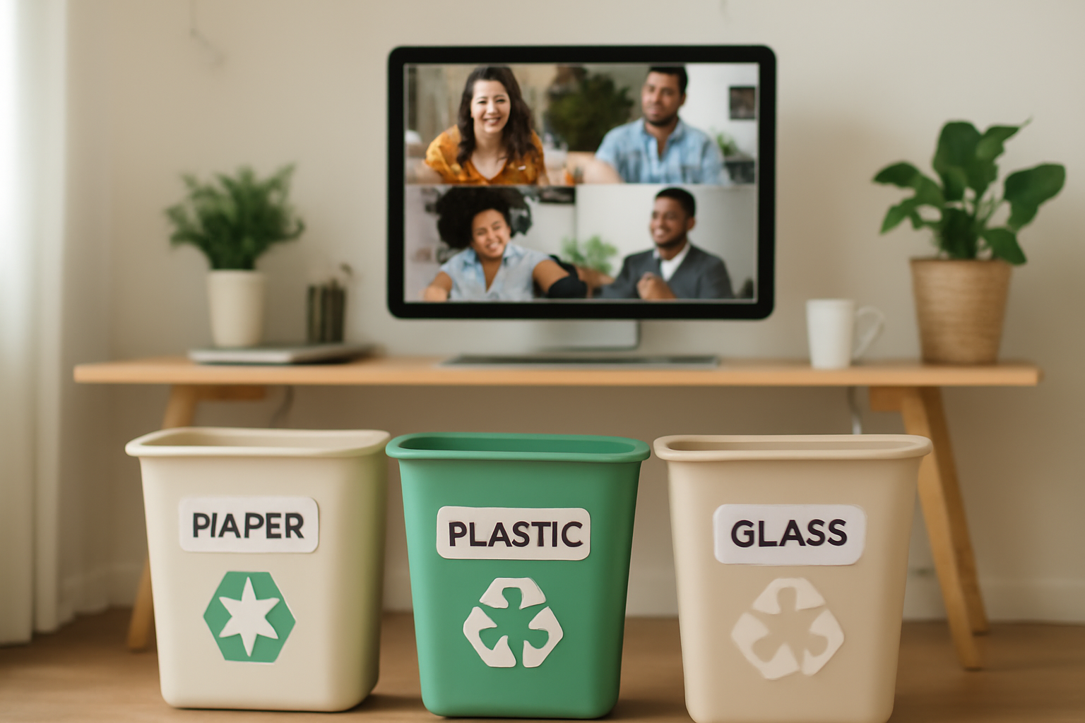 Home office with a recycling station and remote colleagues collaborating on eco-friendly ideas.