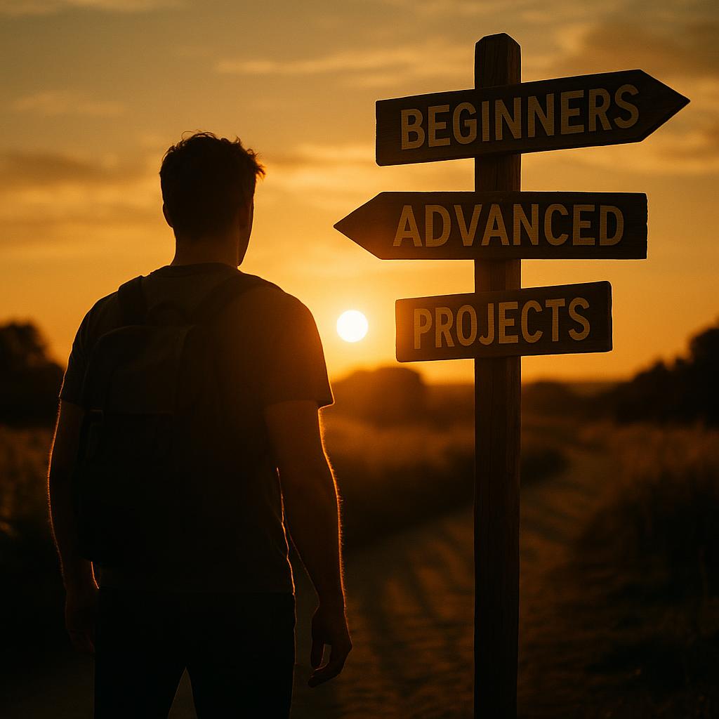 A determined individual at a crossroads with signposts for Beginners, Advanced, and Projects under a sunset sky.