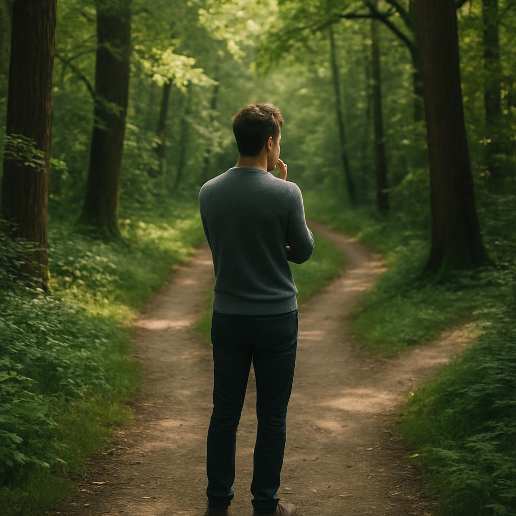 Person at a forest path fork, contemplating direction amidst lush greenery and sunlight.