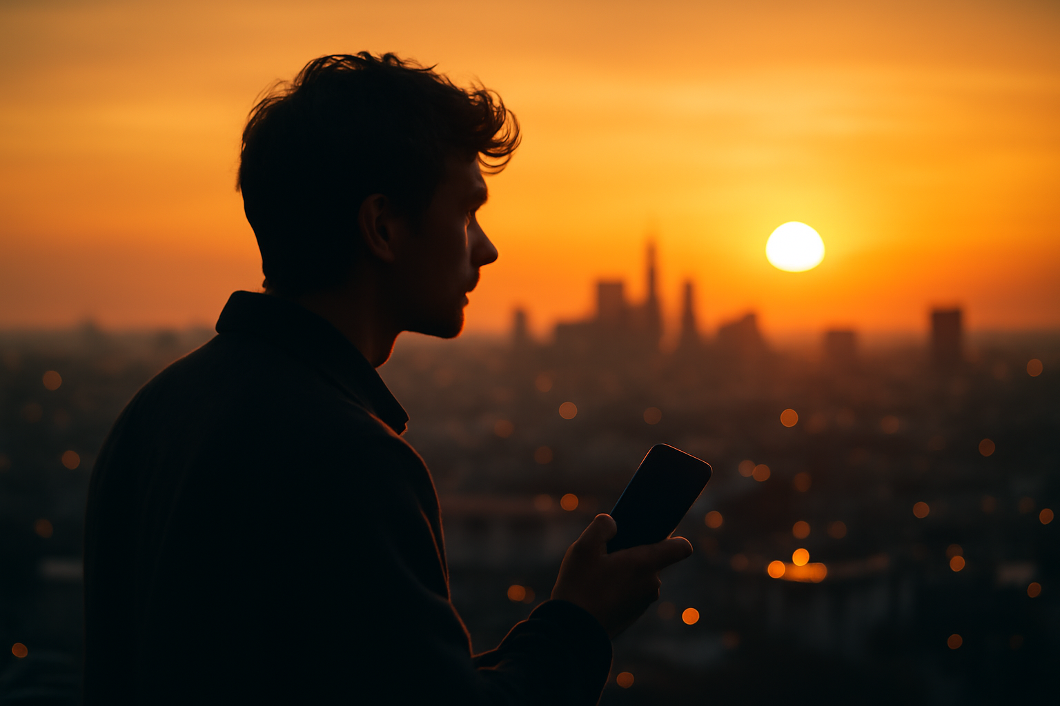 Contemplative individual overlooking a cityscape at sunset, holding a smartphone, representing the future of social media technology.