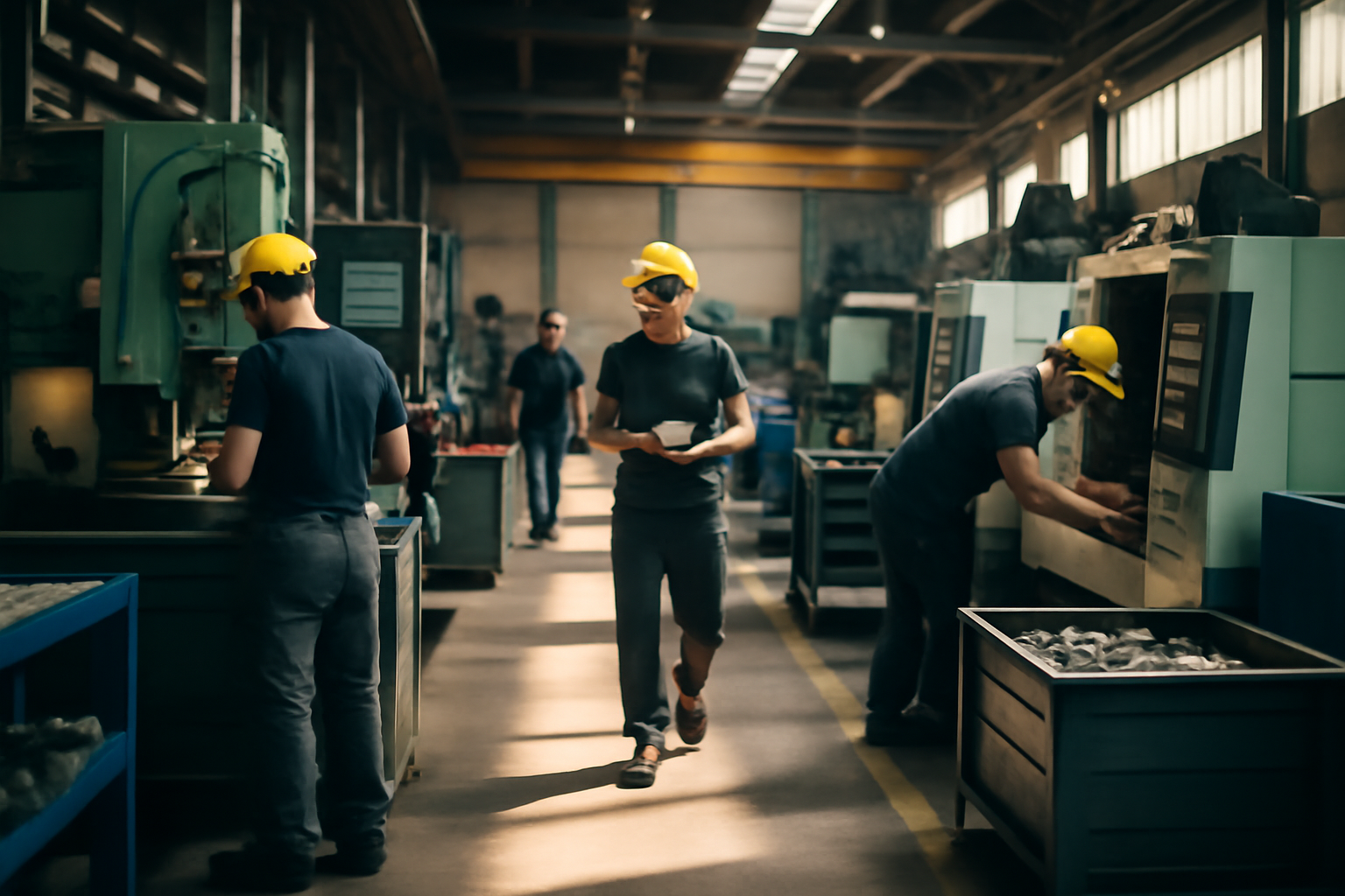 Industrial Warehouse with Lean Manufacturing Practices Industrial warehouse showcasing lean manufacturing practices with workers, efficient machinery, and minimal waste.