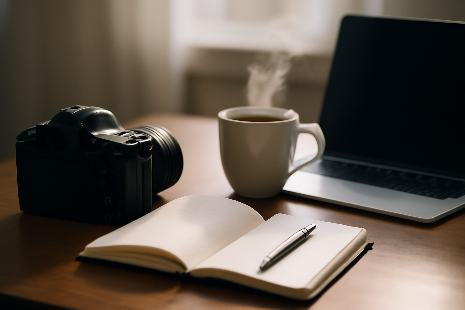 Inviting workspace featuring an open notebook, steaming cup of coffee, and laptop on a neatly arranged desk.