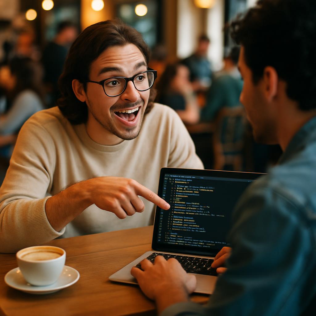 Two people discussing coding projects enthusiastically over a laptop in a bright coffee shop.
