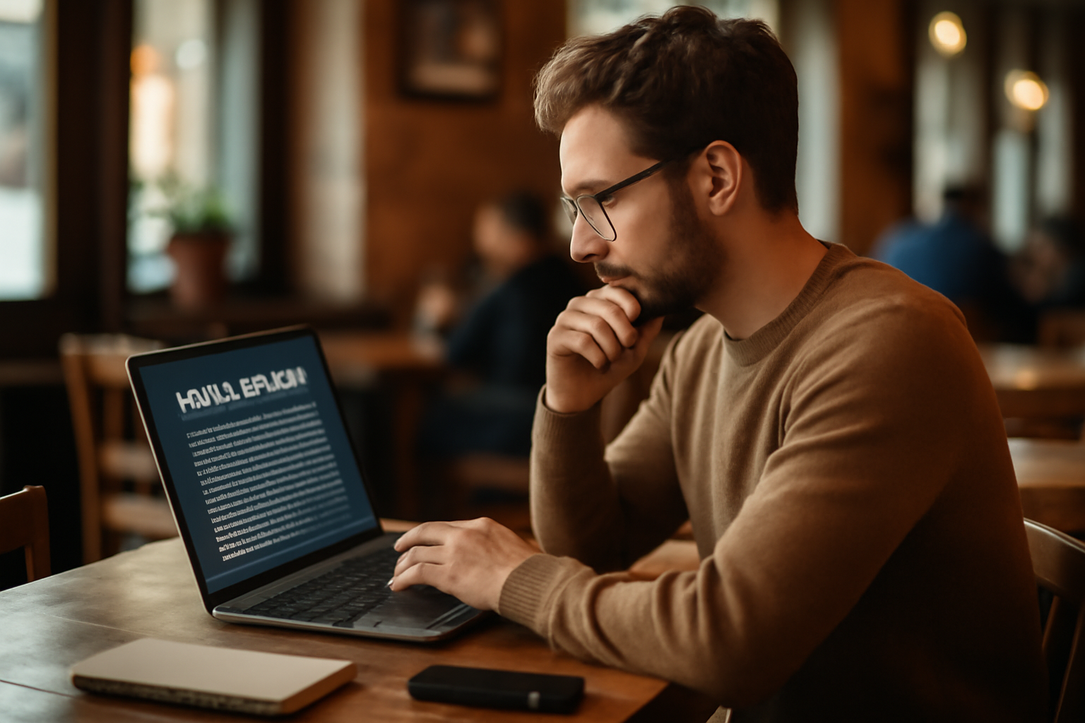Marketer Reviewing Privacy Policies in Cafe Marketer reviewing privacy policies on a laptop in a serene cafe, emphasizing trust in digital marketing.