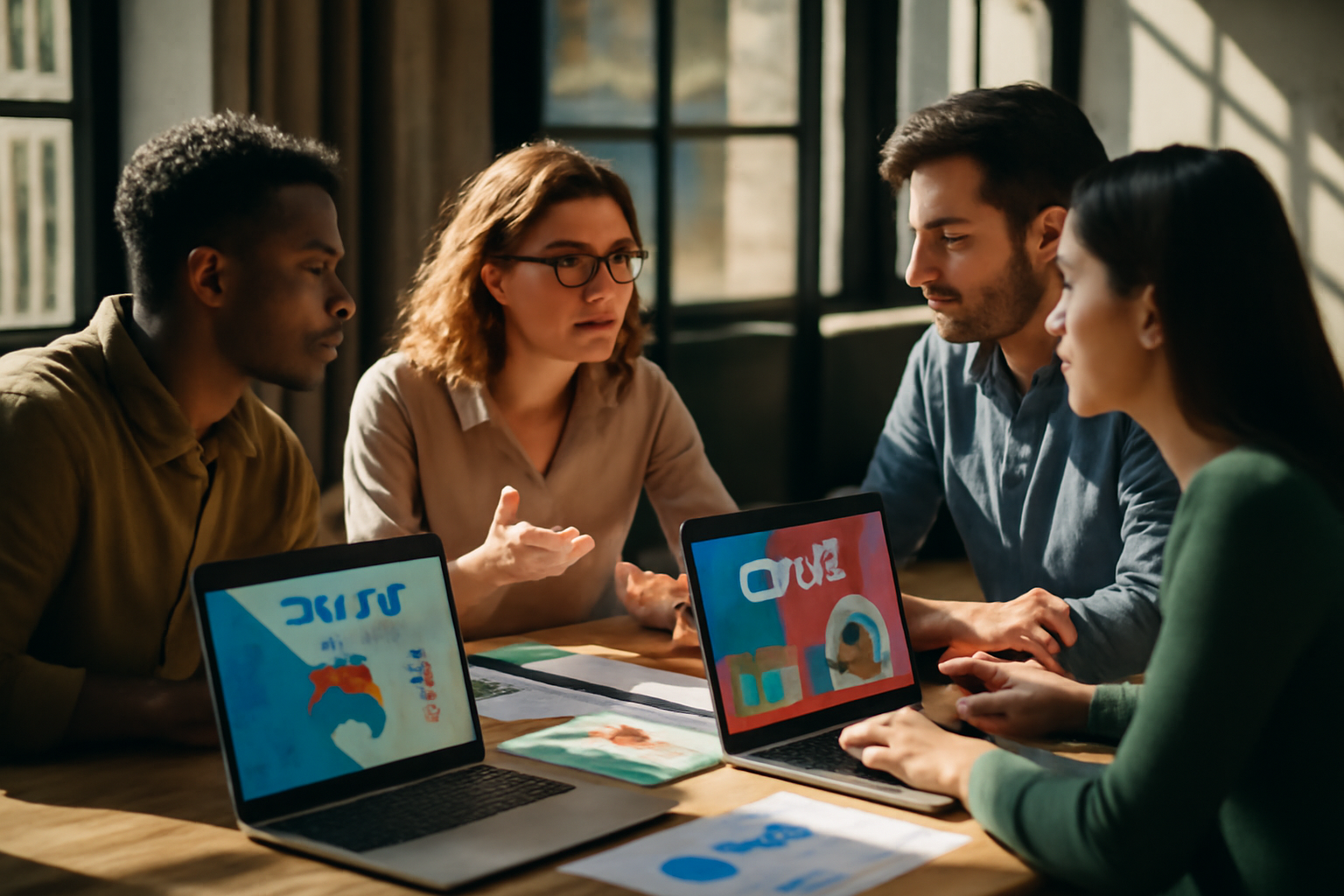 Marketing team brainstorming session with charts and laptops showcasing targeted ad campaigns.