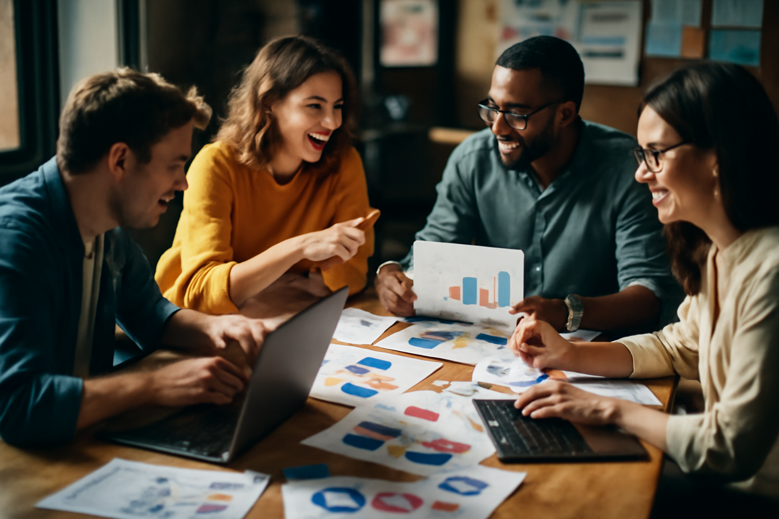 Marketing Team Collaboration During Brainstorming Session A busy marketing team brainstorming together with laptops and charts, illustrating teamwork and collaboration.