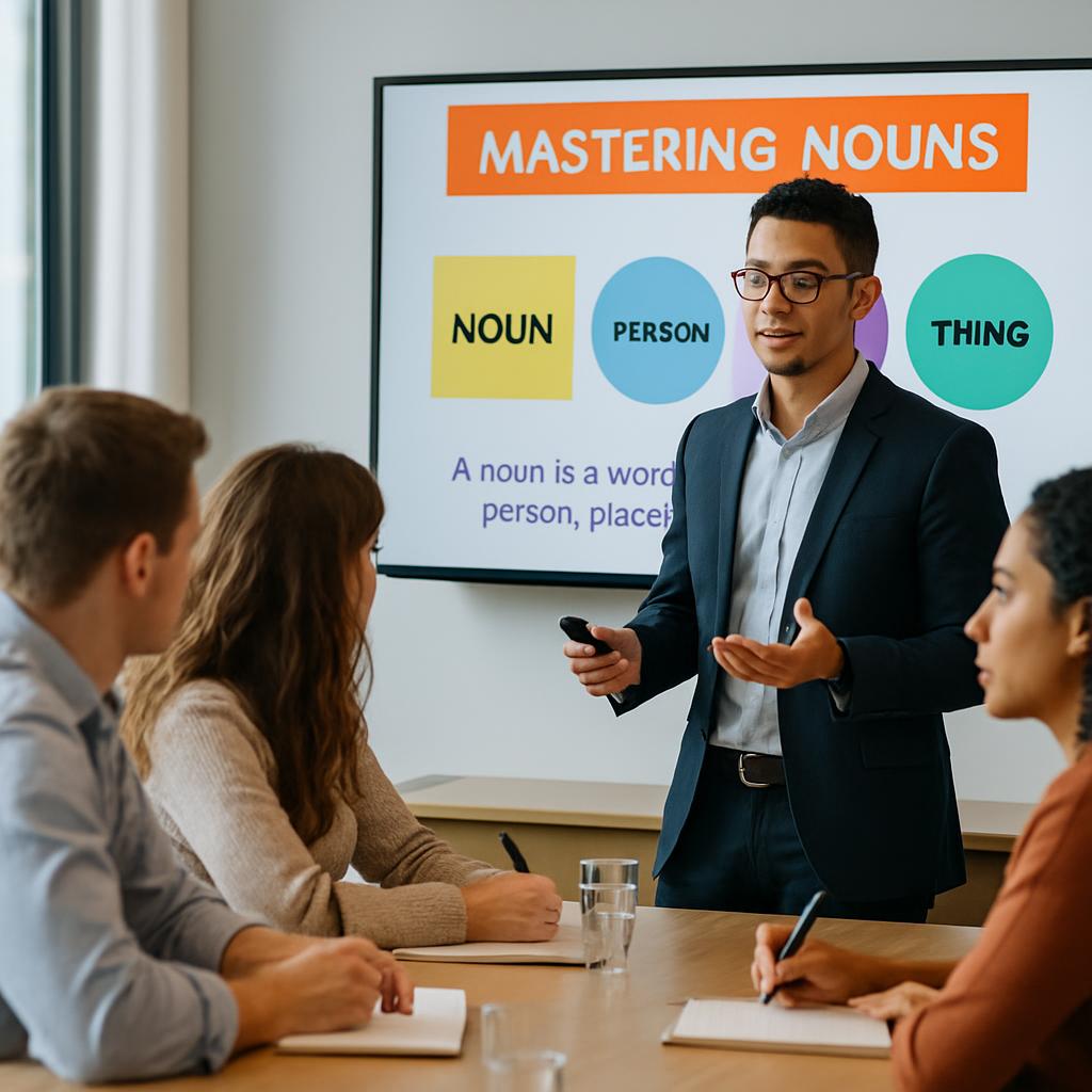 Professional presenting a slide on mastering nouns during a meeting, with colleagues engaged and taking notes.