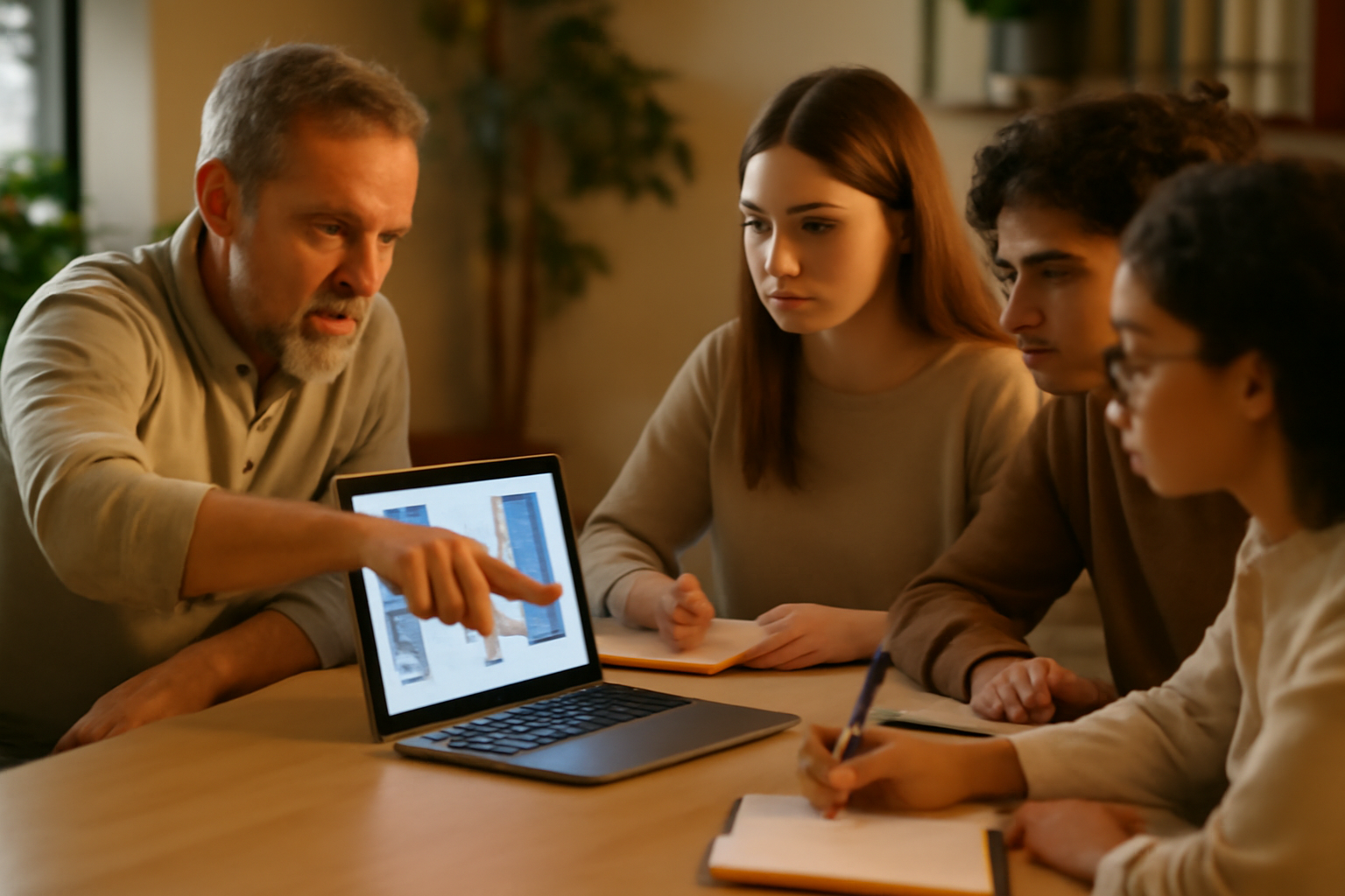 Mentorship in AI Tools Collaboration Mentor guiding team members on AI tools in a professional environment with charts and laptops.