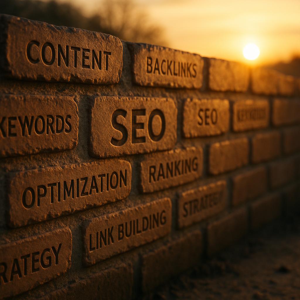A metaphorical image depicting a solid brick foundation with labeled SEO keywords, symbolizing a new beginning at sunrise.