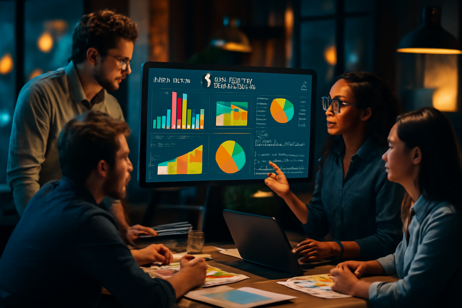 Modern Marketing Team Collaboration Marketing team collaborating on data analytics in a vibrant office setting with dynamic lighting