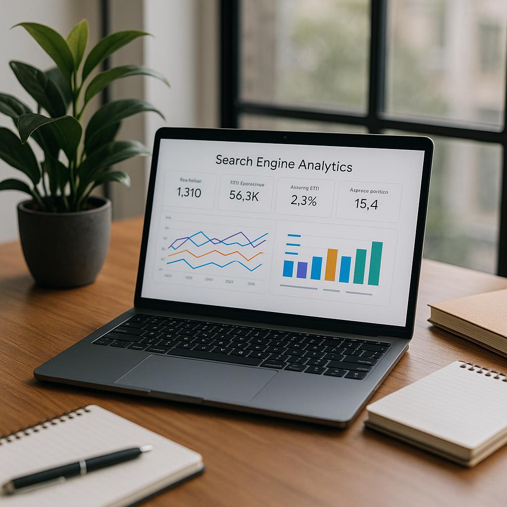 Modern office desk with a laptop showing search engine analytics, notepads, and a plant in neutral lighting, symbolizing digital marketing and SEO strategy.