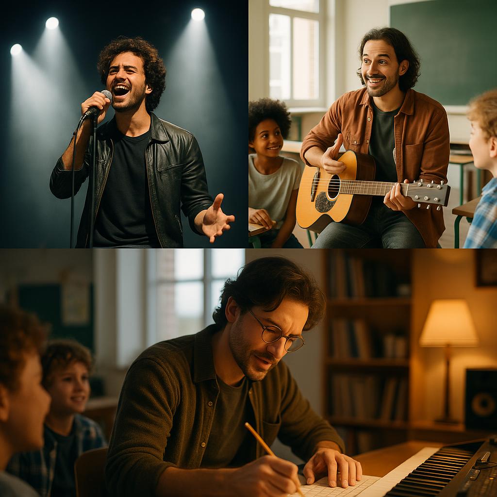 Musicians Collage - Performance, Education, and Composition Collage of musicians performing on stage, teaching in a classroom, and composing in a cozy studio, showcasing diverse musical settings.