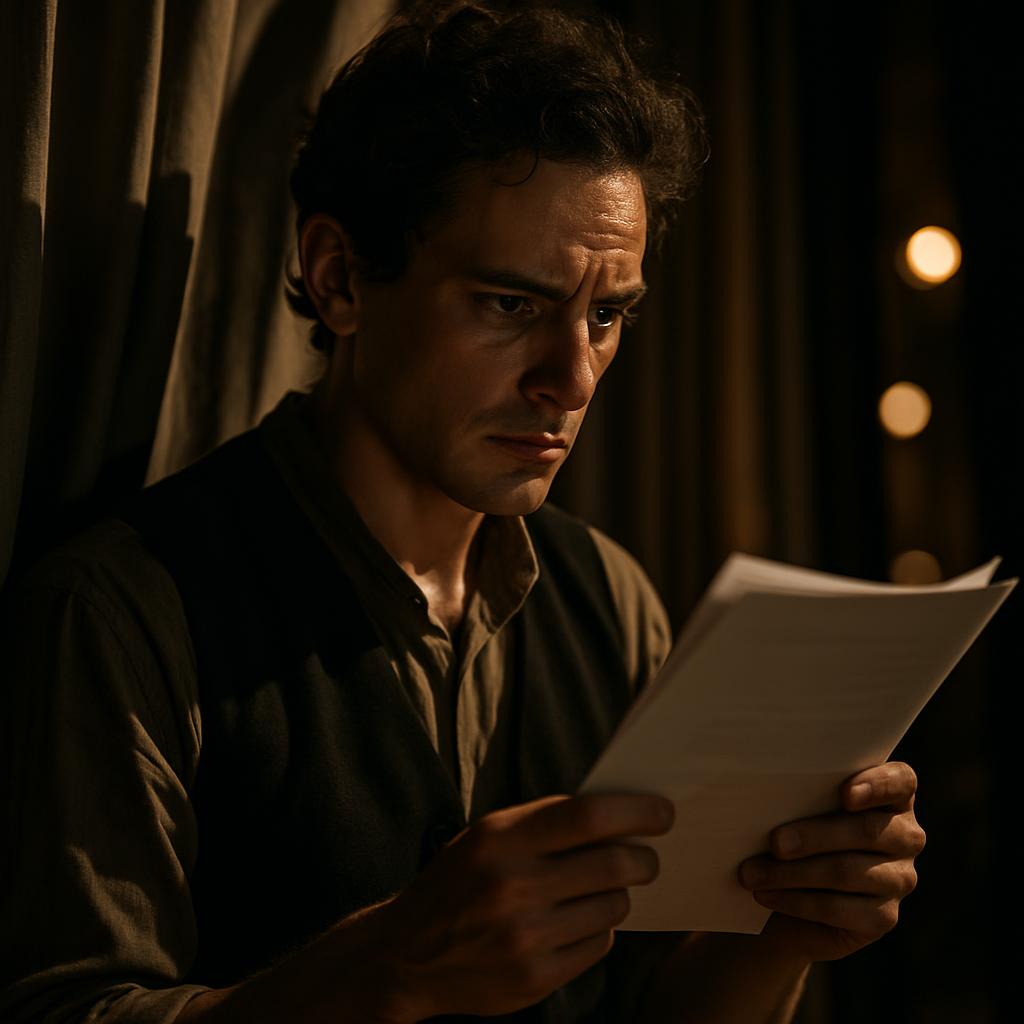 Nervous actor backstage looking at a script with bright stage lights illuminating the curtain, evoking a feeling of anticipation.