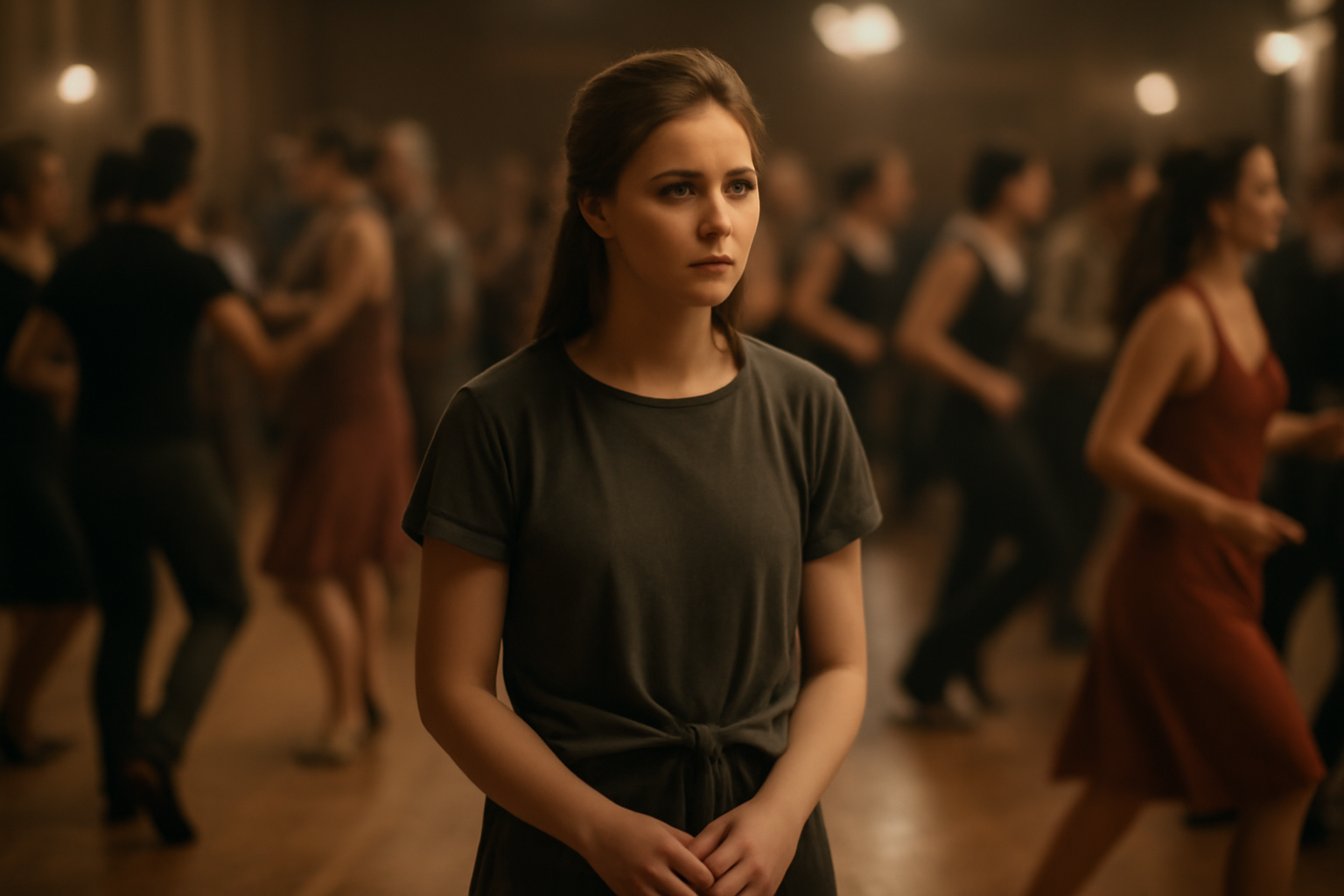 A nervous beginner dancer stands at the edge of a dance floor, observing confident dancers around them in warm neutral lighting.