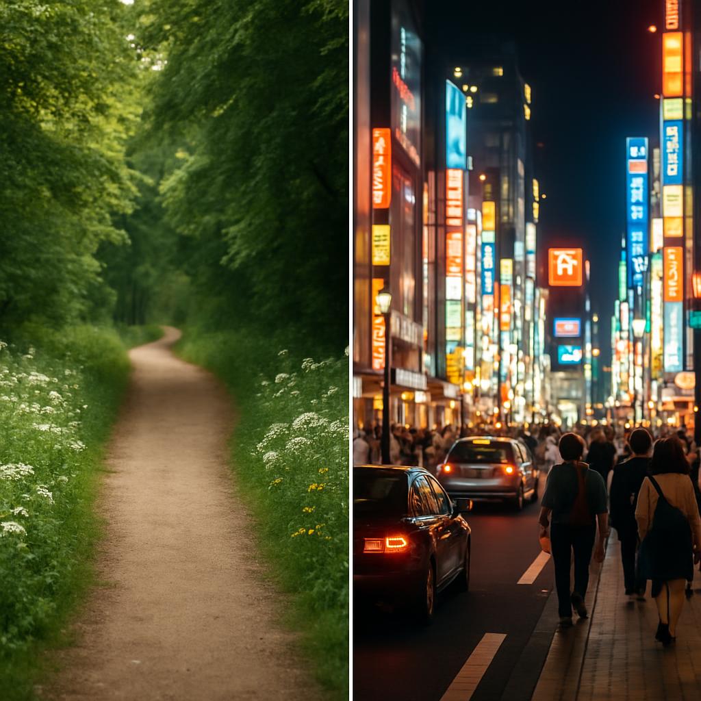A visual comparison of organic search results represented by lush greenery and paid ads depicted along a busy urban street, highlighting two different approaches to online visibility.