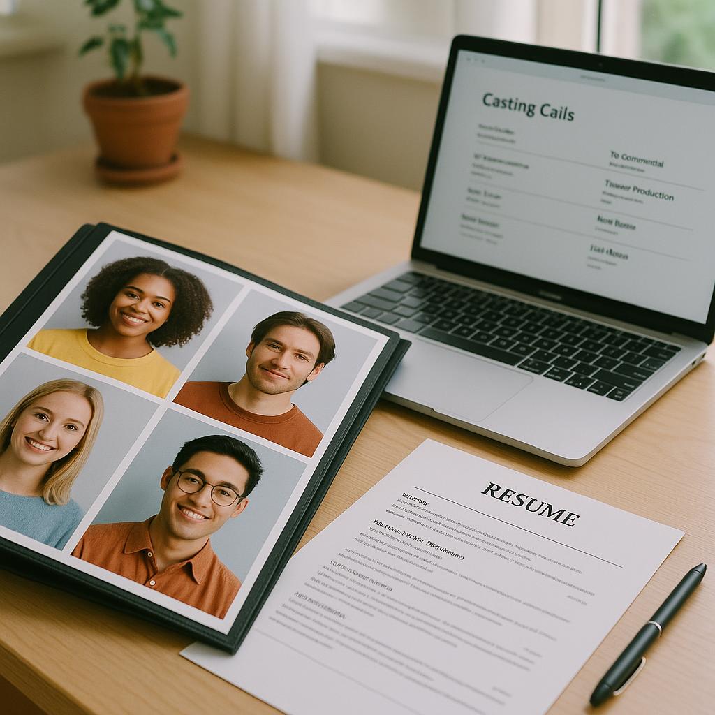 A well-organized desk featuring a portfolio with vibrant headshots, a resume, and a laptop showing casting calls in natural light for creative professionals.