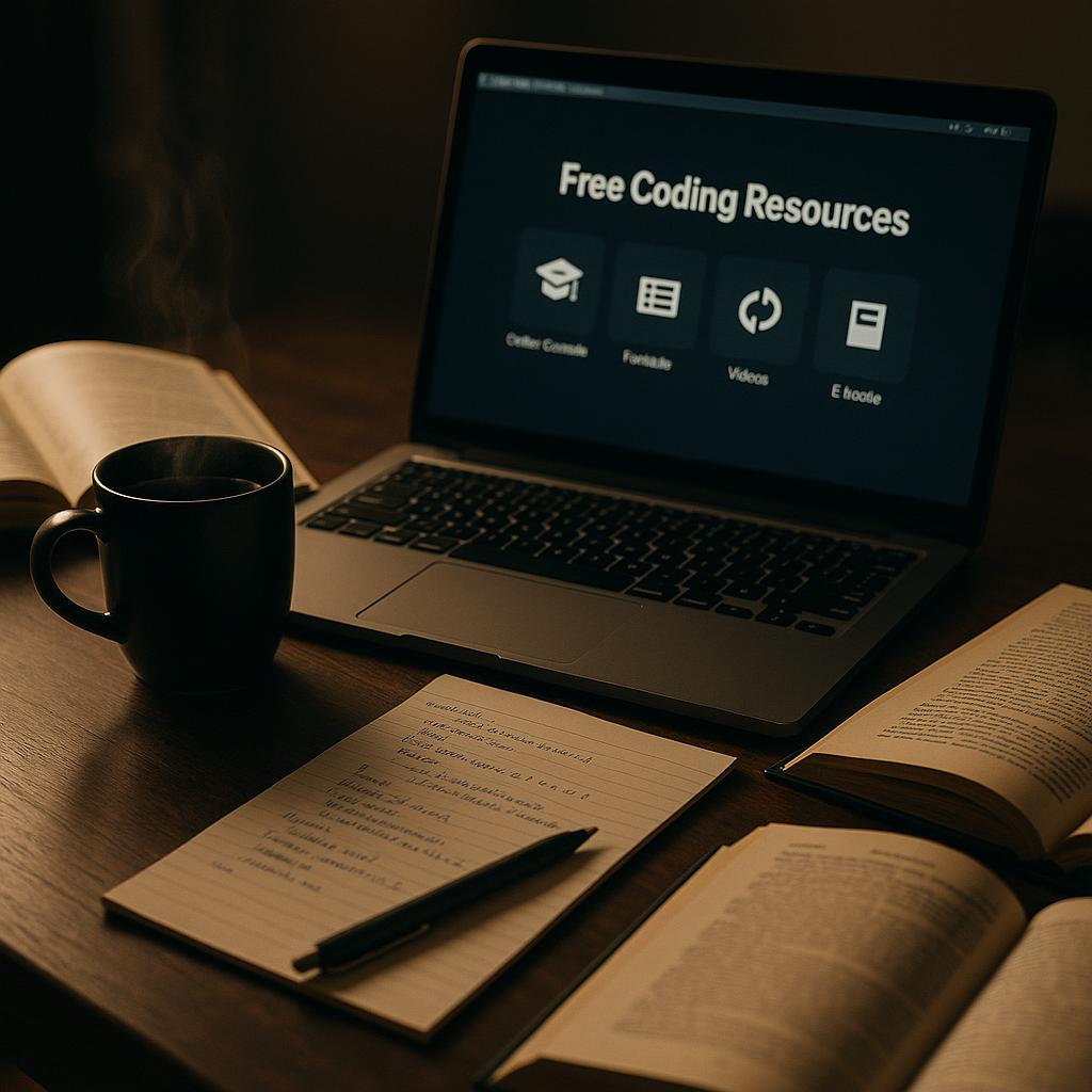 Organized desk with a laptop showing free coding resources, textbooks, coffee cup, and handwritten notes.