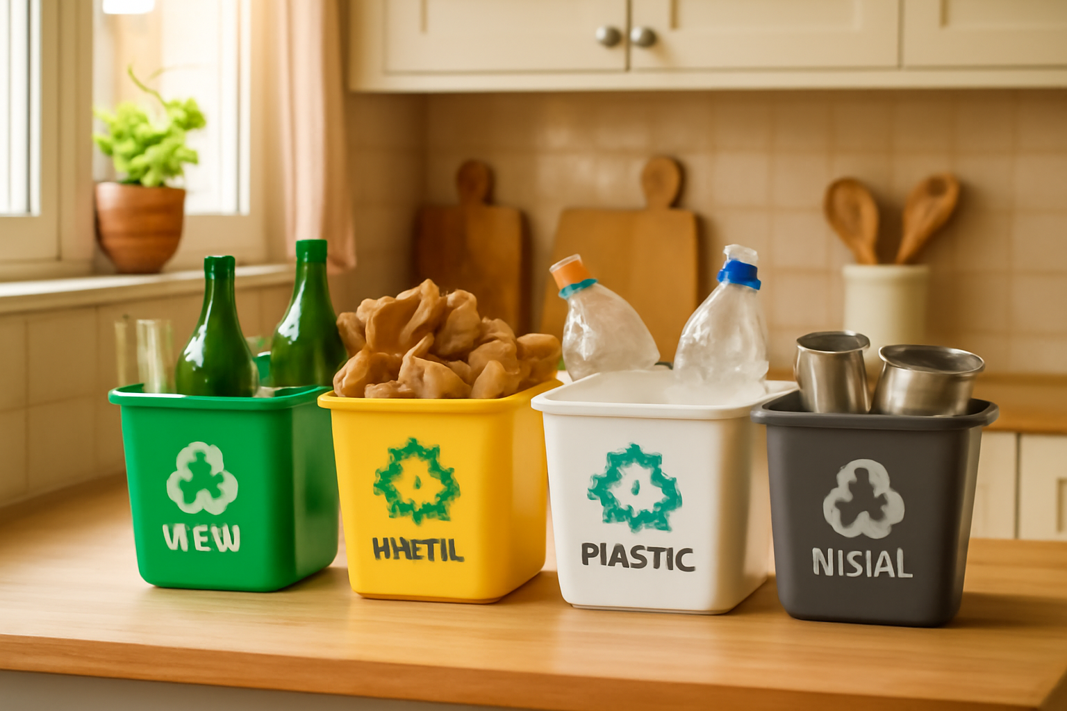 Organized kitchen countertop with labeled bins for glass, paper, plastics, and metal, demonstrating proper sorting of recyclable materials.