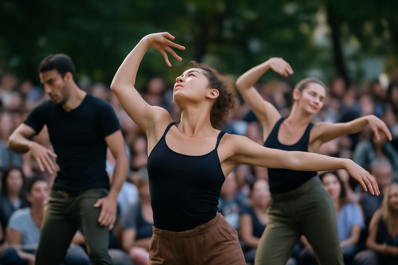 A vibrant outdoor performance featuring dancers showcasing fluid upper body movements in front of an engaged audience.