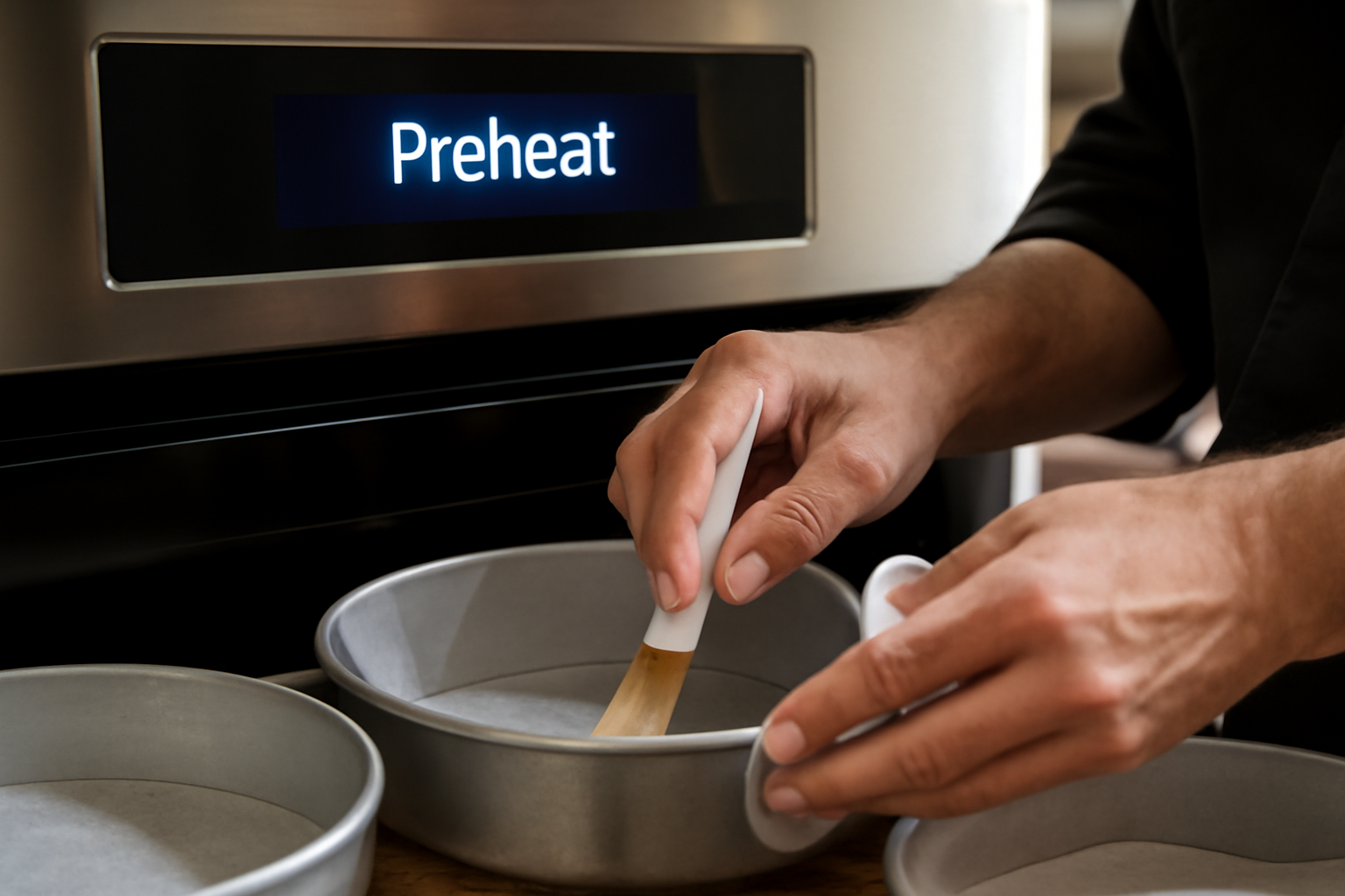 Close-up of an oven's digital display indicating 'Preheat' alongside a chef preparing round cake pans with parchment paper.