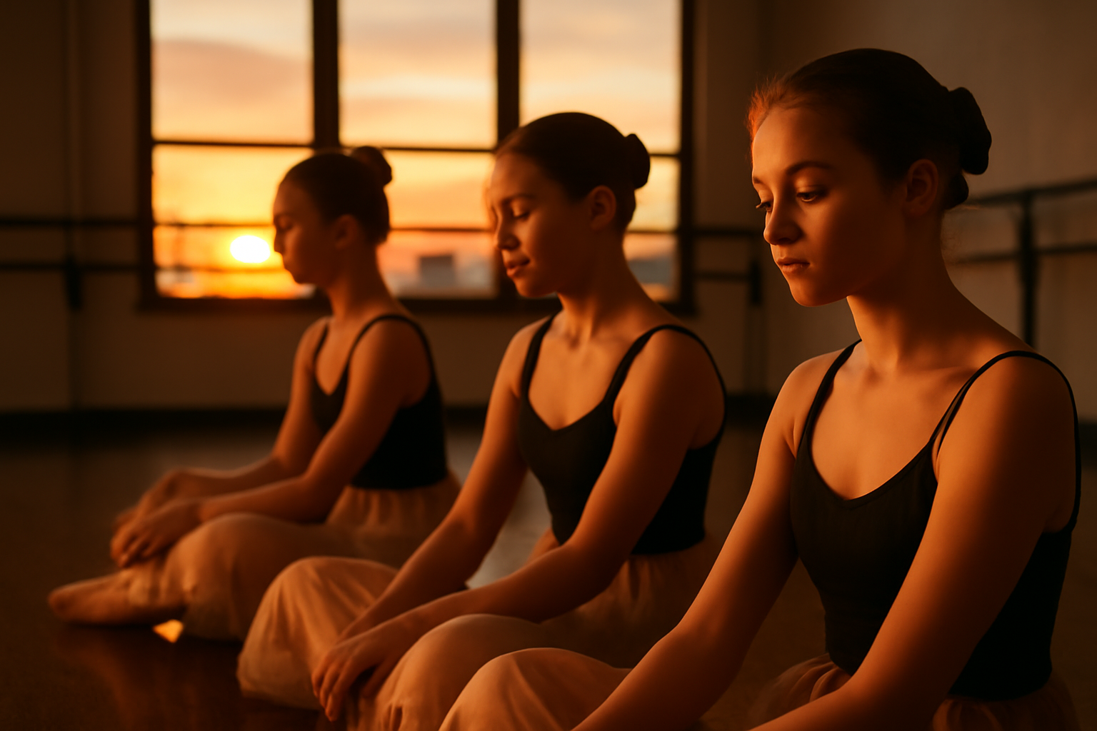 Dancers reflecting on their practice in a quiet studio with sunset light.