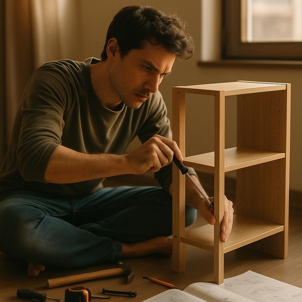 Person assembling a bookshelf using an instruction manual, representing hands-on learning in coding skills.