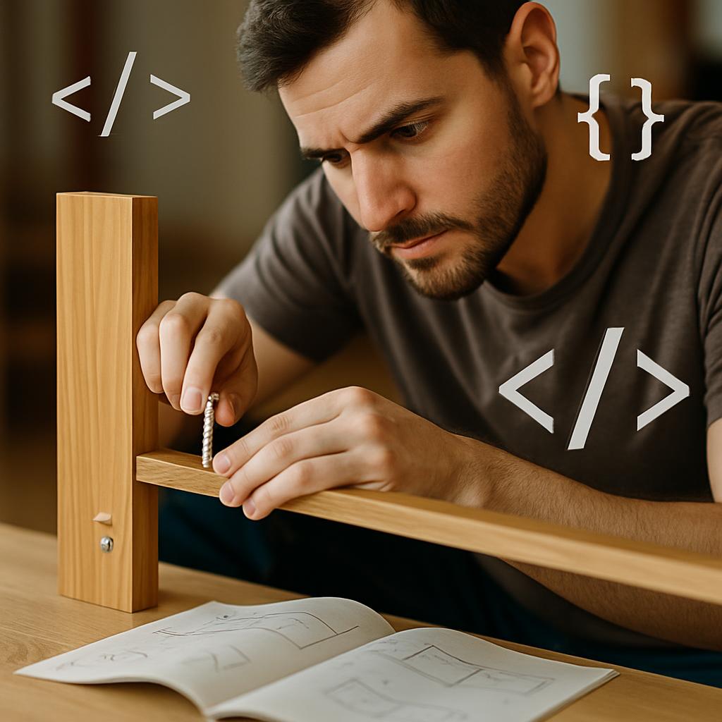 Person assembling a wooden shelf with an instruction manual, surrounded by coding symbols to represent structured learning.